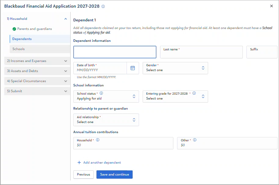 Dependent Information page of application